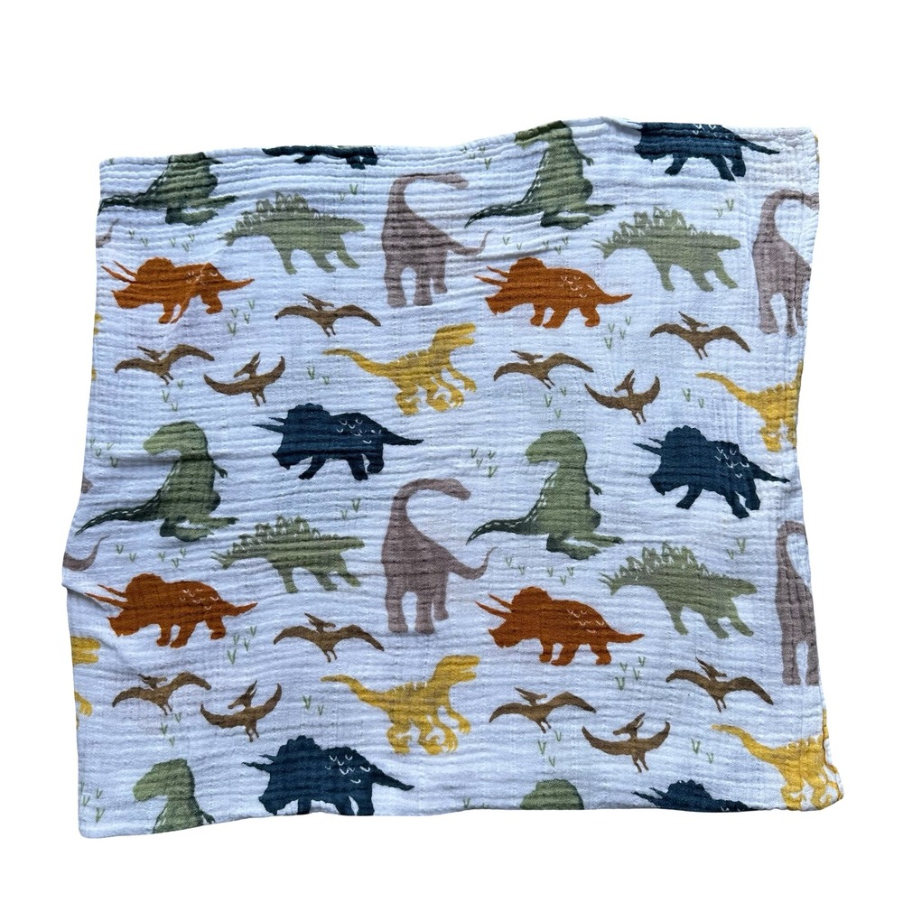 Little Unicorn Dino Friends Blue Cotton Crinkle Muslin Swaddle Blanket Sz 20x45"